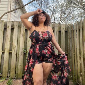 Black and Red Floral Maxi Romper